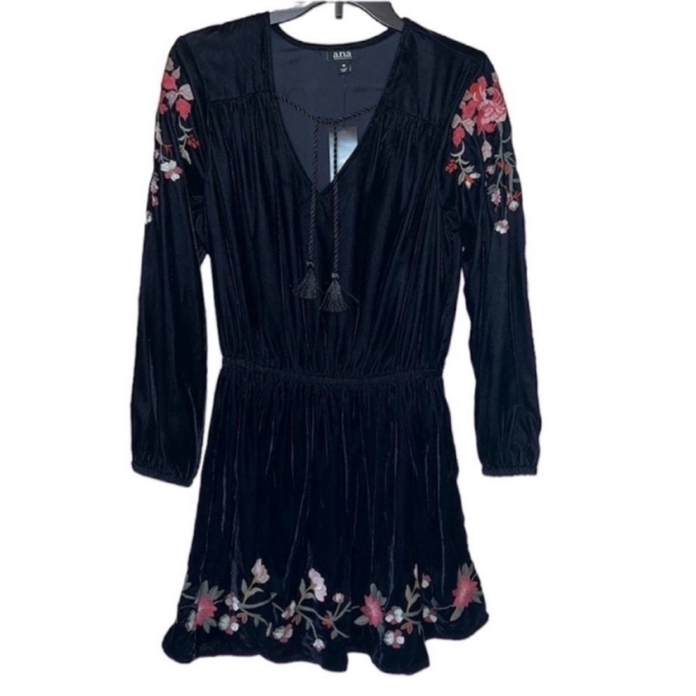 a.n.a Black Velvet Floral Embroidered Long Sleeve Boho Dress Medium - Picture 7 of 13